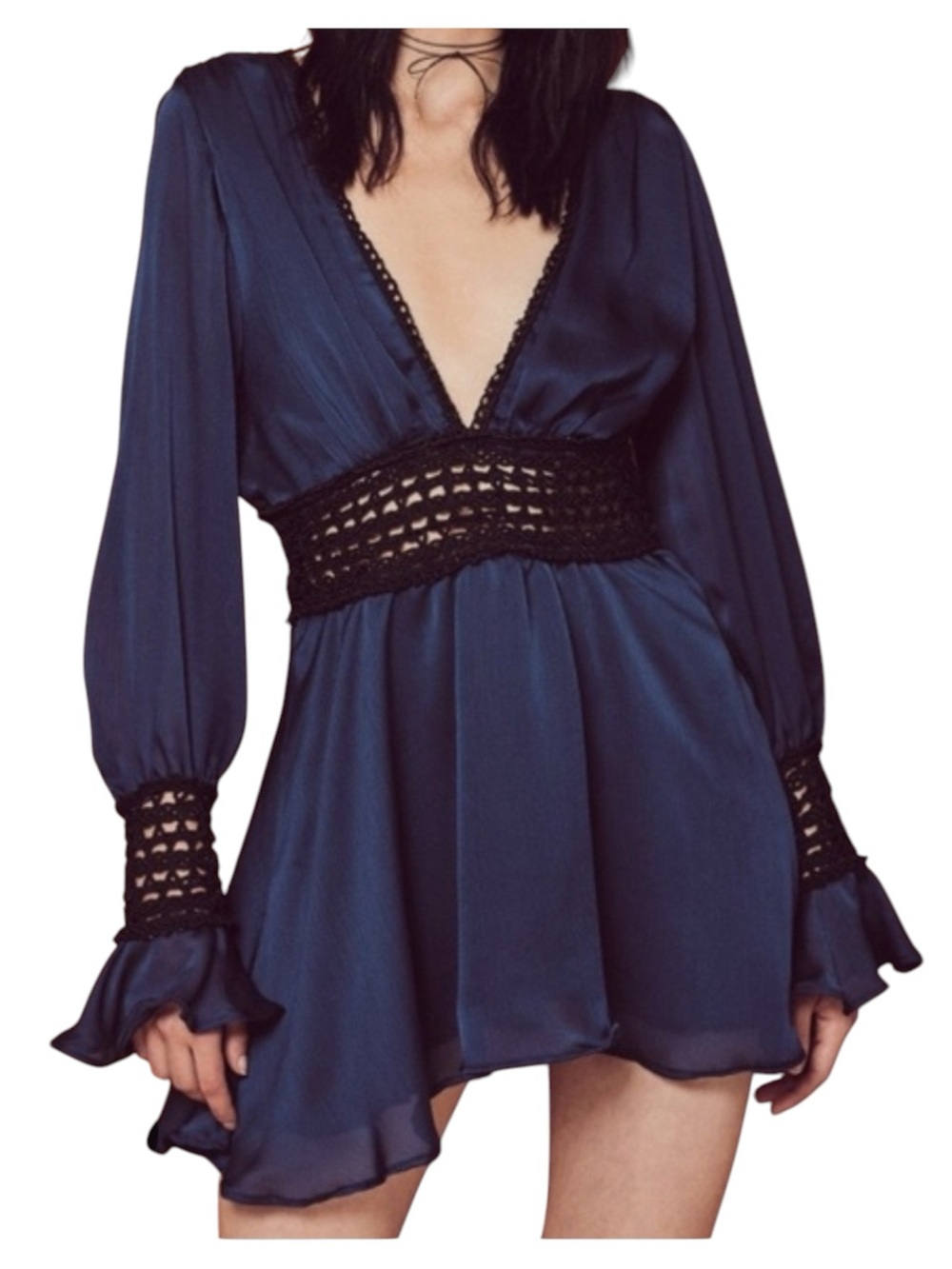 For Love and Lemons 🍋 Blue Mini‎ Dress with Black Crochet Lace Detail - Small